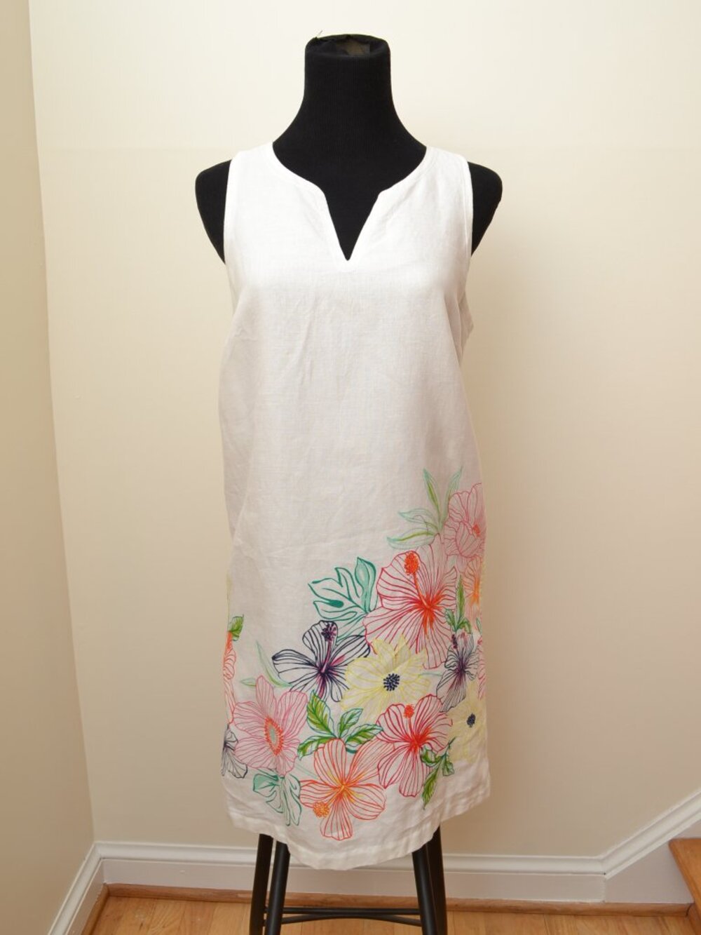 Tommy Bahama Linen Dress Lined Women's Small White w/Floral Border Sleeveless